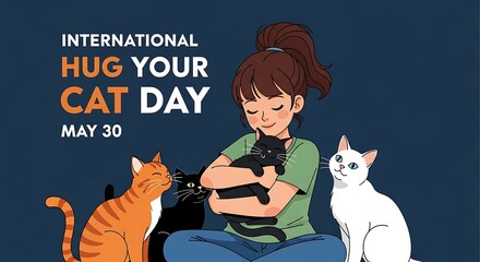 Young woman tenderly embraces beloved feline companion surrounded by other domestic short-haired animals
