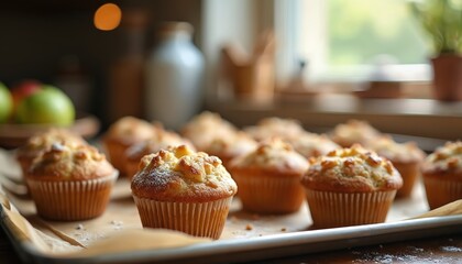 Freshly baked apple muffins sit on a baking tray in a rustic kitchen setting. The golden brown pastries dusted with powdered sugar look warm and inviting, perfect for breakfast or dessert.
