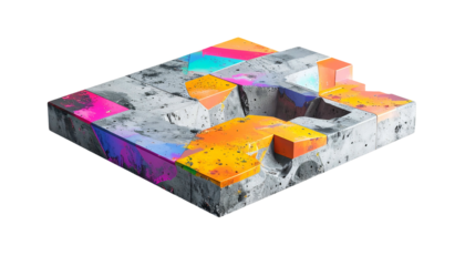 Abstract geometric 3D artwork with vibrant color blocks, concrete texture