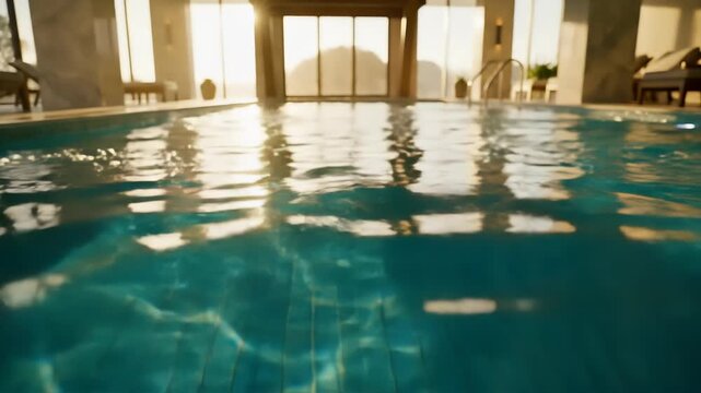 Sunlight streams through large windows, creating a warm, golden glow on the surface of an indoor swimming pool in a high-end spa. Calm, inviting water.