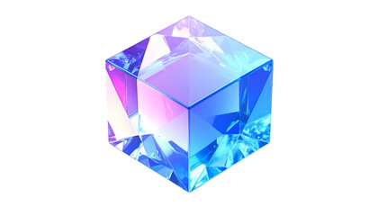 Illuminated crystalline cube reflecting iridescent light on a black backdrop