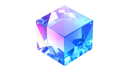 Illuminated crystalline cube reflecting iridescent light on a black backdrop