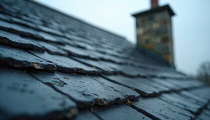 Fototapeta premium Close view of dark grey slate roof tiles and a stone chimney on a cloudy day. Old house covering with weathered shingles and brick chimney extending skyward.
