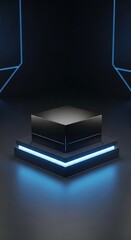 Minimalist geometric display pedestal glows with cool blue illumination against a dark background