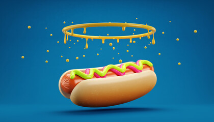 Fantasy hot dog with colorful sauce and dripping yellow ring