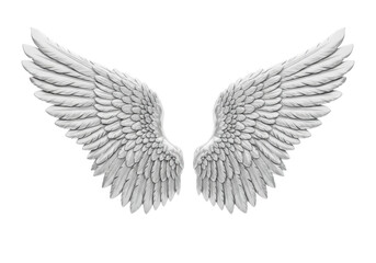 Obraz premium highly polished, bright white platinum angel wings, intricately sculpted with realistic layered feathers, isolated on a white studio background. concept of luxurious heraldry and divine success