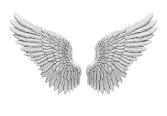 highly polished, bright white platinum angel wings, intricately sculpted with realistic layered feathers, isolated on a white studio background. concept of luxurious heraldry and divine success