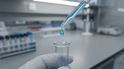 A lab technician precisely dispenses a measured drop of blue liquid into a glass vial, showcasing scientific precision and laboratory environment.