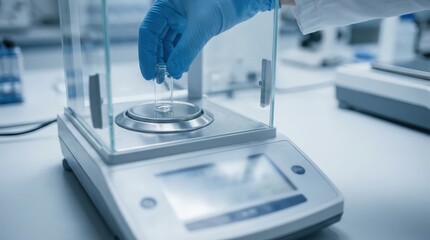 Precision balance, meticulously handling delicate lab equipment. The scene exudes professionalism and precision, highlighting the important role of measurement in scientific discovery.