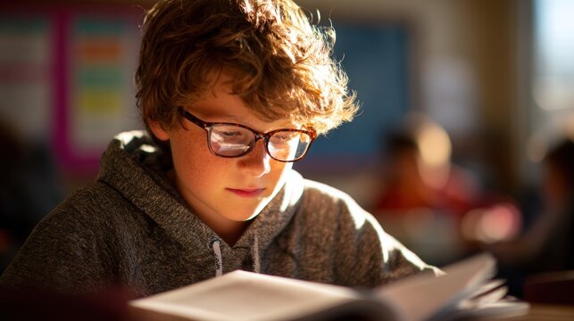 The image features a young person with curly hair and glasses, focused intently on reading a book