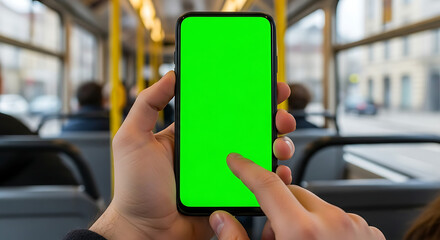 Close-up of hands holding a smartphone with a green screen in a public transportation vehicle