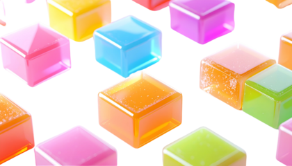 Close-up of colorful, transparent, geometric cube-shaped candies