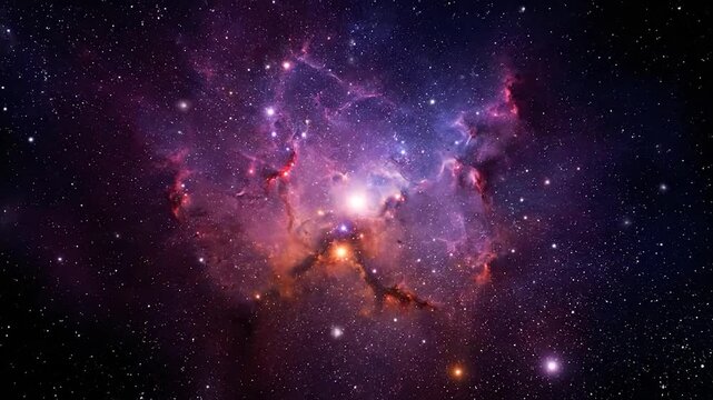 A vibrant nebula with stars scattered across a dark, purple and red celestial expanse