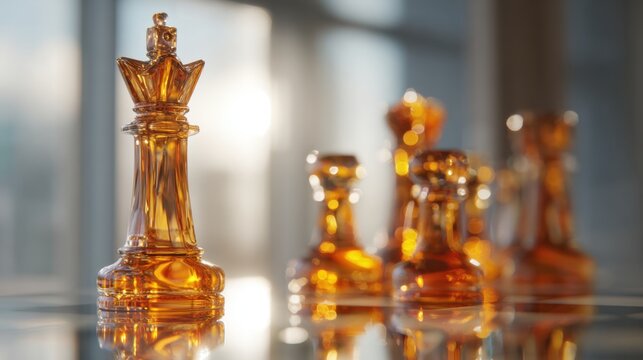 The image features a set of glass chess pieces, with the foremost piece resembling a queen, made of amber colored glass