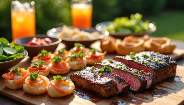 Juicy grilled steak and fresh seafood appetizers served on a wooden board outdoors. Refreshing orange juice drinks sit nearby. Healthy gourmet meal ready for enjoyment at a sunny garden party.
