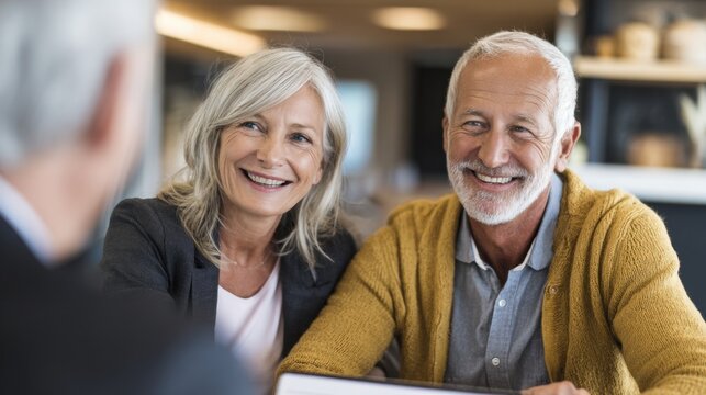 The image depicts a cheerful elderly couple engaged in a conversation with another individual whose back is to the camera