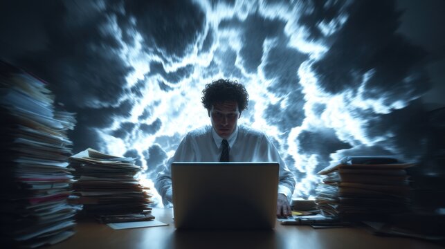 The image depicts a person sitting at a desk with a laptop, surrounded by towering stacks of paperwork and files on both sides