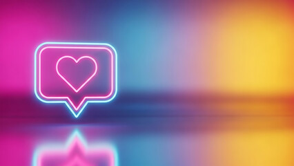 Empty neon lights heart shape frame design element. Geometric glow outline shape. Abstract gradient background with place for text