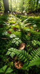 Bright sunlight streams down onto vibrant green moss and small wildflowers growing on the forest floor