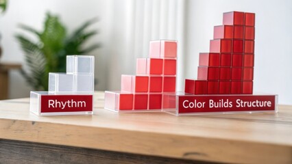 Colorful Stacked Blocks Representing Growth and Structure in a Modern Workspace Setting with Plants and Wood Table