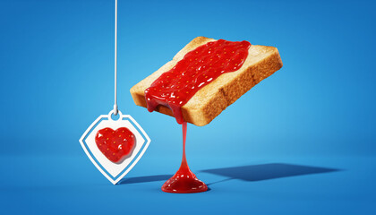 Floating strawberry jam toast with heart tag