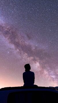 Silhouette of a young man sitting outdoors at night, gazing at a star filled sky and the Milky Way. Concept of deep thoughts, spirituality, inner reflection, faith, and connection with the universe. 