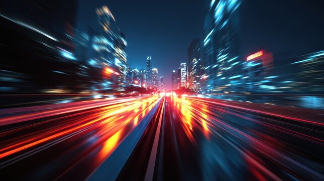 The image depicts a vibrant, futuristic cityscape at night with tall skyscrapers illuminated by bright blue, white, and red lights