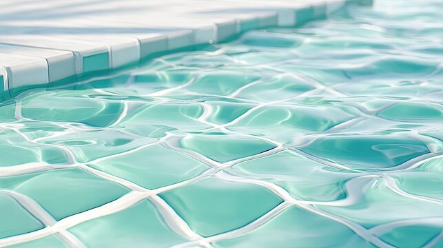 Bright blue swimming pool water showing gentle ripples over light turquoise square tiles and white grout lines Pool coping visible