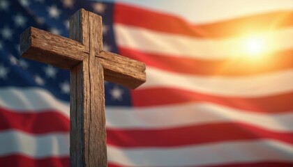 Wooden Christian cross stands before waving American flag in bright sunlight. Symbolizes faith, patriotism, and national values blended together.