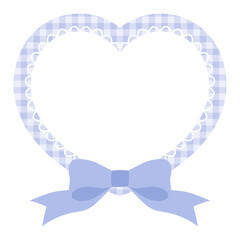リボンがついたかわいいハートのレースフレームのベクターイラスト。飾り、ギンガムチェック、ブルー