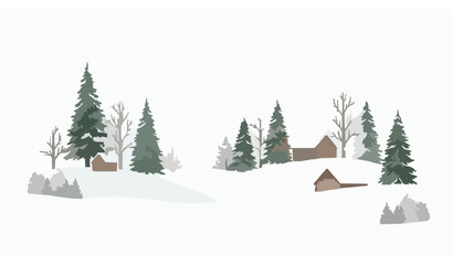Fototapeta premium Watercolor snowy forest landscape with cottages and evergreen trees for festive Christmas and New Year designs