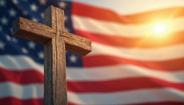 Wooden Christian cross stands before waving American flag in bright sunlight. Symbolizes faith, patriotism, and national values blended together.