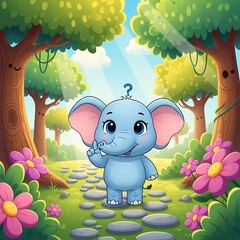 Adorable baby elephant stands confused on a forest stepping stone path under sunny skies