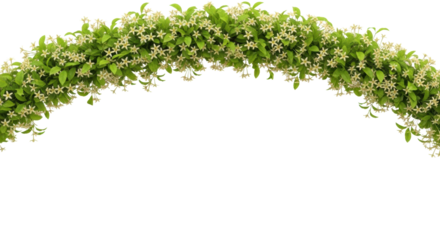 lush, volumetric horizontal garland of a creeping flowering vine with star-shaped pale cream-yellow blossoms and bright green leaves, isolated on white. concept of intricate natural beauty