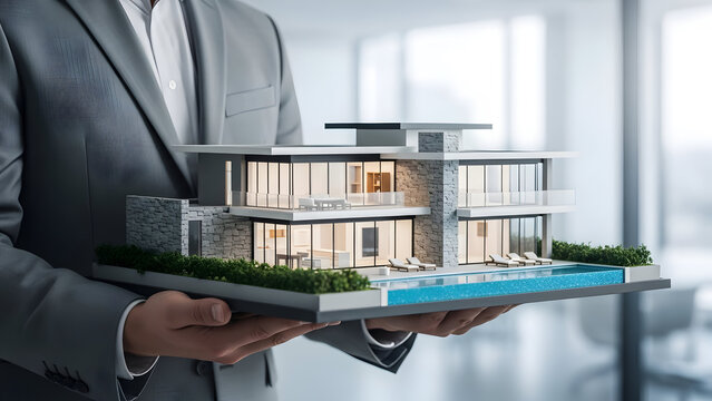 Businessman hands holding detailed modern luxury house model with swimming pool in office for real estate concept