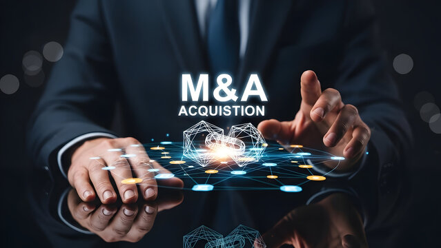 Businessman hand touching glowing M&A acquisition text on virtual screen for corporate merger strategy concept - Powered by Adobe