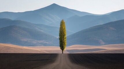 A solitary columnar poplar tree stretching skyward in a vast rural landscape with rolling hills and mountains