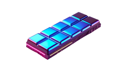 Holographic chocolate bar with a metallic sheen, neon colors on black