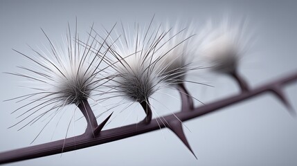 Macro view of delicate white fluffy seed heads growing on a sharp dark thorny branch in muted light