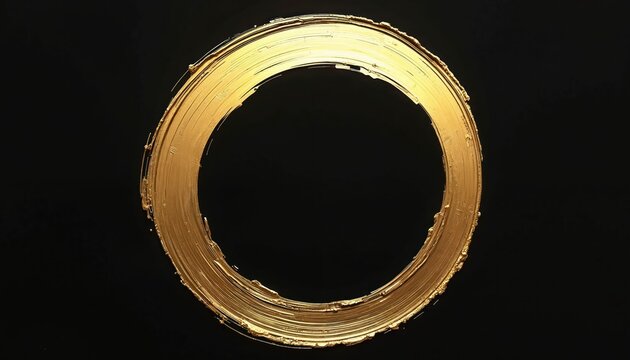 Thick gold paint forms a textured circle on black background. Abstract circular brushstroke creates modern luxurious graphic element. Empty space for text design.