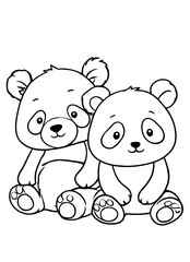 Obraz premium cute cartoon panda couple coloring page for kids with crisp lines and a white background, simple style, no shading