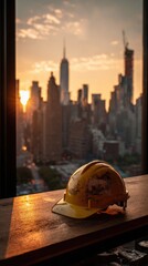 Vibrant photo of Yellow safety hard hat on wooden beam overlooking a city skyline at sunset