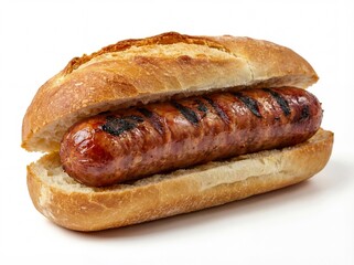 Traditional argentine choripan sandwich made with chorizo and french bread isolated on white background