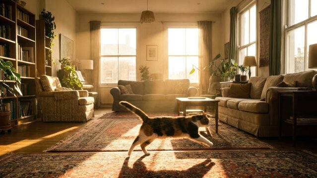 Active cat running across a large living room during golden hour light
