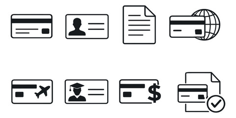 Line art payment and identification icon set featuring credit cards, ID cards, and documents for finance, travel, and education