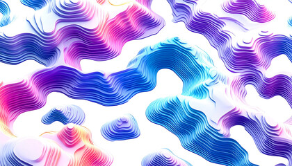 Abstract layered topographical forms in vibrant, glowing colors against black