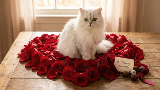 White cat sitting among many red roses for a romantic February vibe