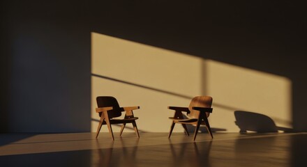 Two wooden lounge chairs sit illuminated by strong diagonal sunlight casting dramatic shadows across a minimalist interior space