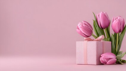 Vibrant photo of Elegant pink tulips and a textured gift box with a ribbon on a solid pink background with copy space