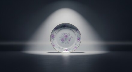 Fine china dish with floral decoration illuminated by a dramatic spotlight